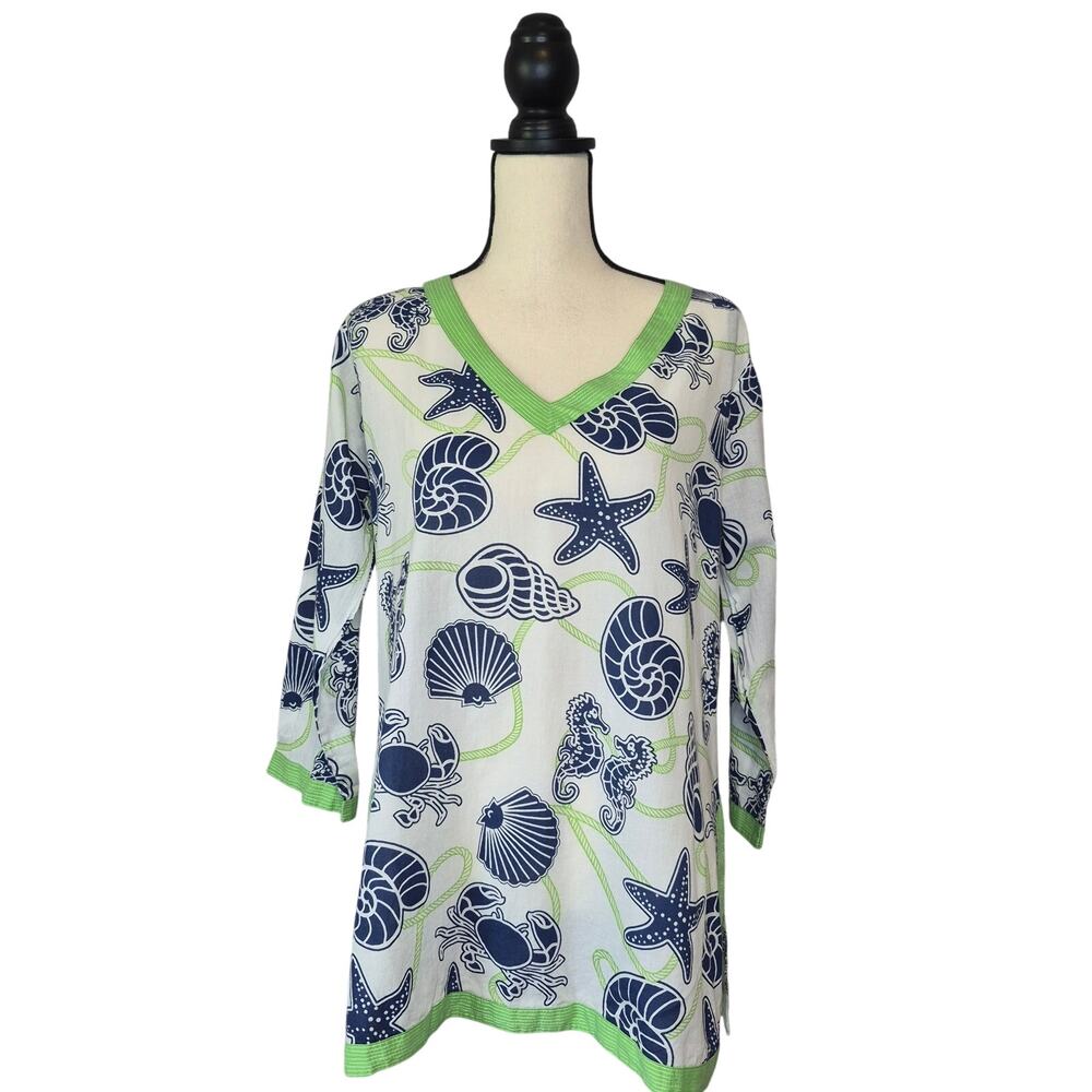 Gretchen Scott Sea Creature Starfish Seashell Tunic Cover Up Top Blue Green Sz M - Picture 1 of 9